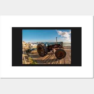 Fisheye view of a tractor, trailer and fishing boat on Cromer Beach on the North Norfolk Coast Posters and Art